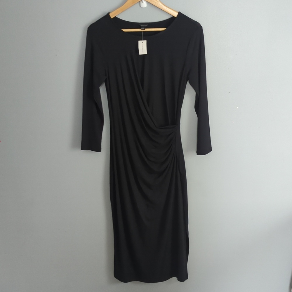Ann Taylor Black Long Sleeve Draped Midi Dress